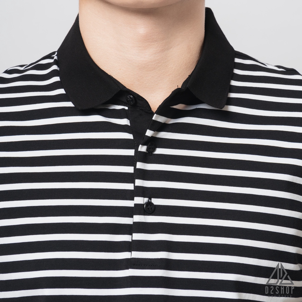 Áo thun polo nam D2shop, áo polo nam sọc ngang, màu đen
