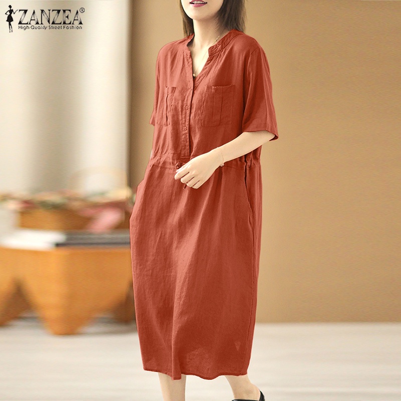 Đầm ZANZEA cổ V tay ngắn lưng cao dáng rộng phối dây rút phong cách vintage cho nữ