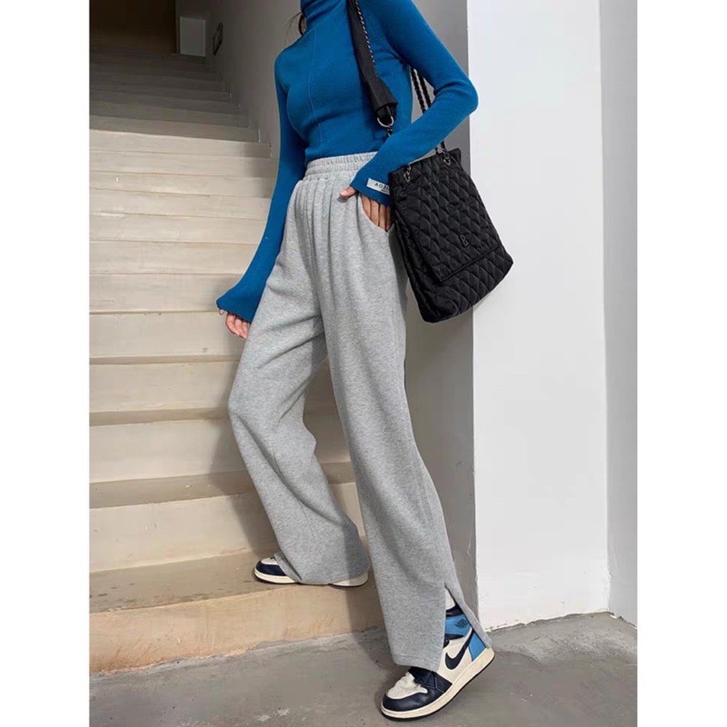 Quần Nỉ Ống Rộng Phối Dây Kéo CANI PANTS Dáng Suông Ulzzang (Đen/Xám)