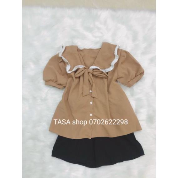 TBO-Sét bộ đũi áo babydoll cổ bèo cột nơ và quần đen ngắn