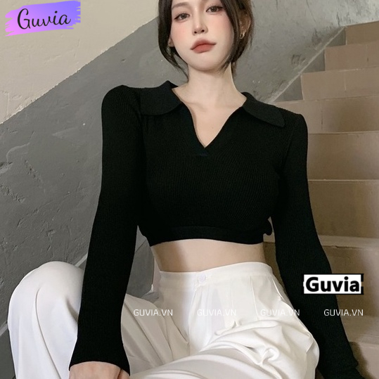 Áo Croptop Nữ Tay Dài CỔ BẺ XẺ V Ôm Body, Áo Thun Croptop Kiểu Sexy Chất Thun GUVIA CR68