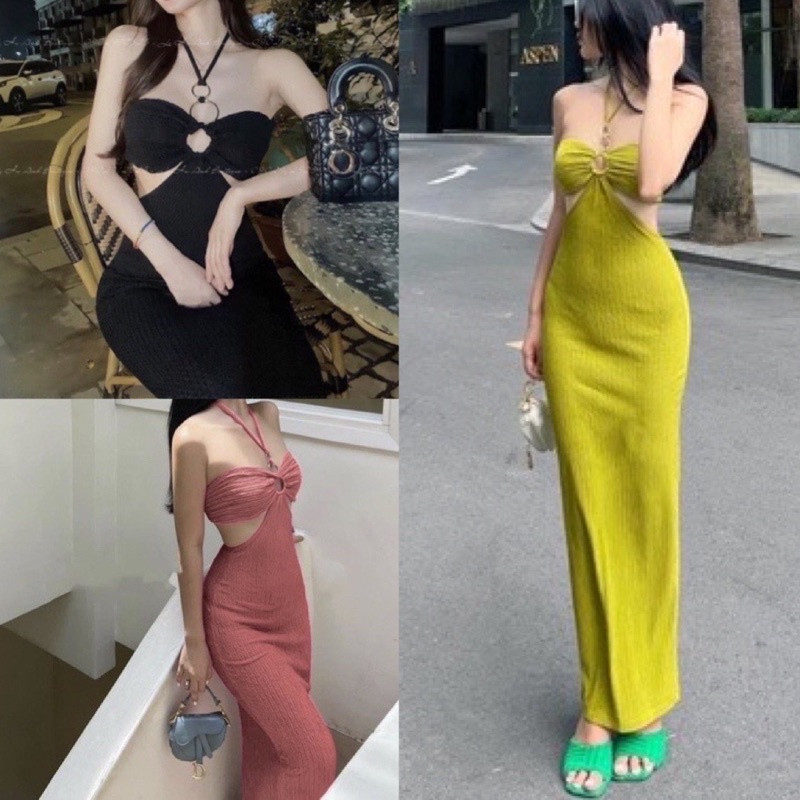 Đầm Midi Body Nữ Cổ Yếm Khoen Ngực Khoét Eo Sexy Chất Vải Xốp Mịn Co Giãn