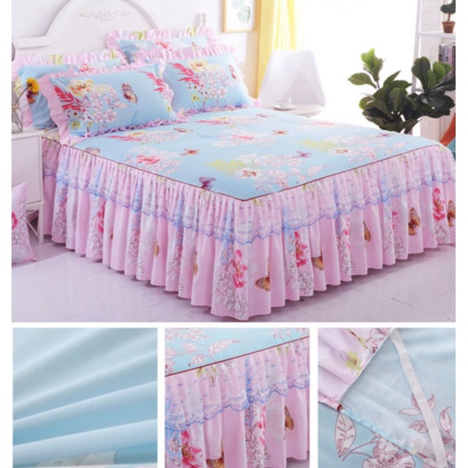 Bộ 3 món gồm 1 Diềm bao quanh giường sang trọng và 2 vỏ gối phong cách Hàn Quốc