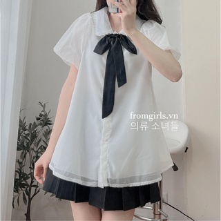 Áo sơ mi tay phồng, áo sơ mi babydoll ulzzang thắt nơ cổ ren tiểu thư - SM25