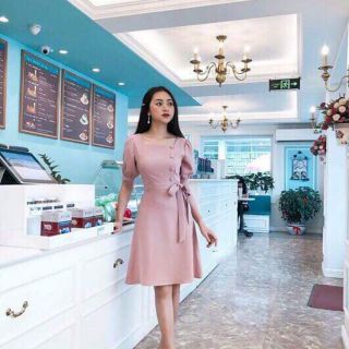 Váy cổ vuông khuy bọc nơ eo hàng vnxk