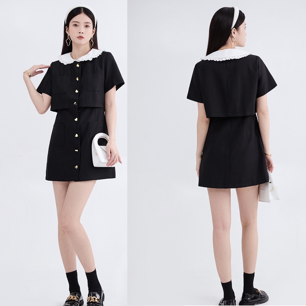 [ORDER] Đầm Sơ Mi Ngắn Tay Màu Đen Cúc Trái Tim Phối 2 Màu Đen Trắng VD095 ICC Official Store