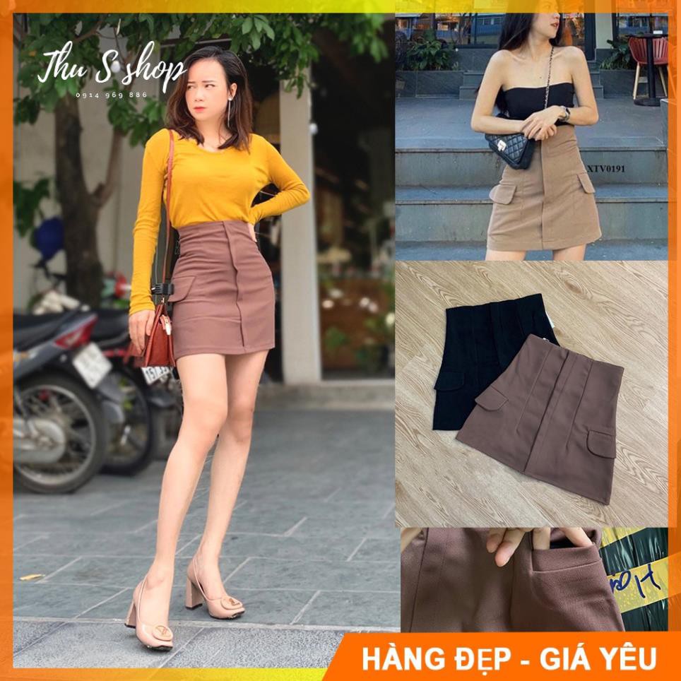 Chân váy chữ A cạp lưng cao ôm eo, Váy 2 túi sườn tôn dáng có lót trong chống lộ