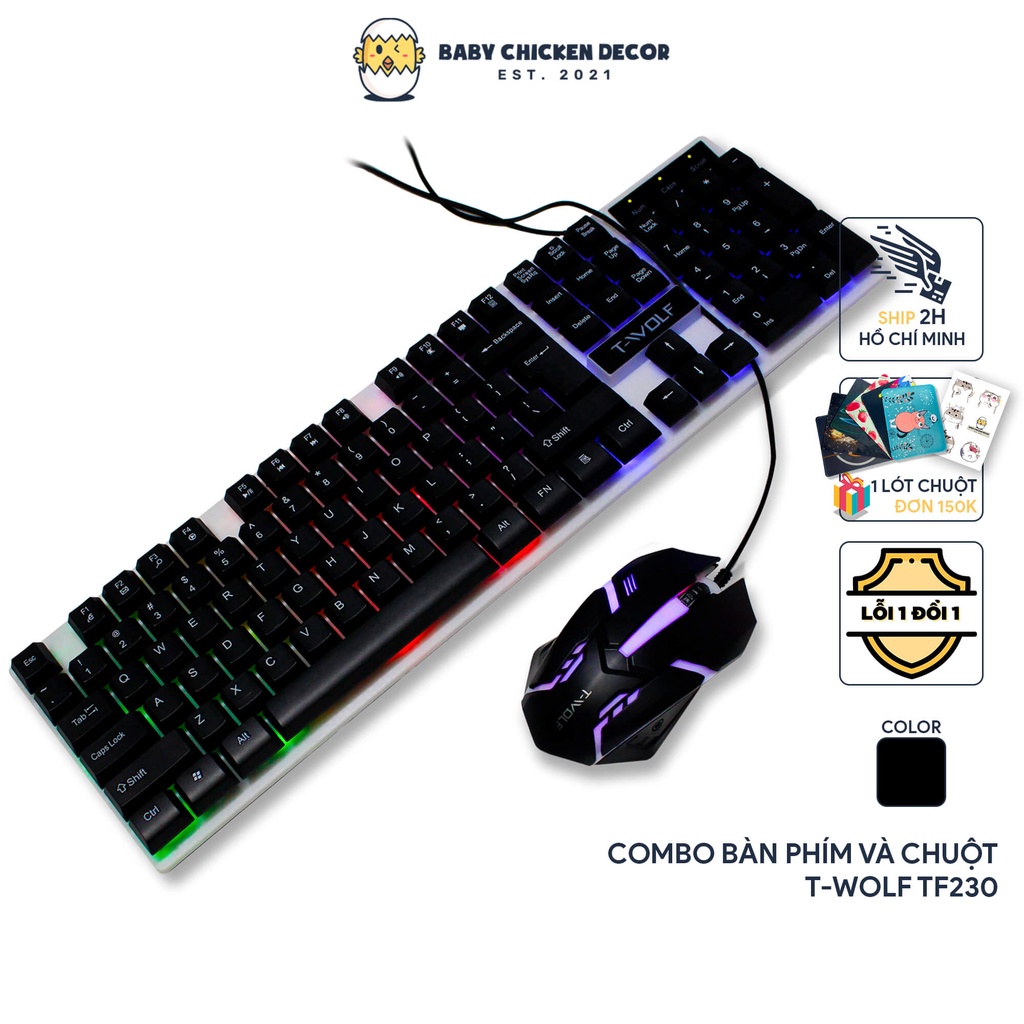 Bàn phím giả cơ kèm chuột gaming T-WOLF 230, bàn phím máy tính và chuột gaming có đèn led đổi màu - BABY CHICKEN DECOR