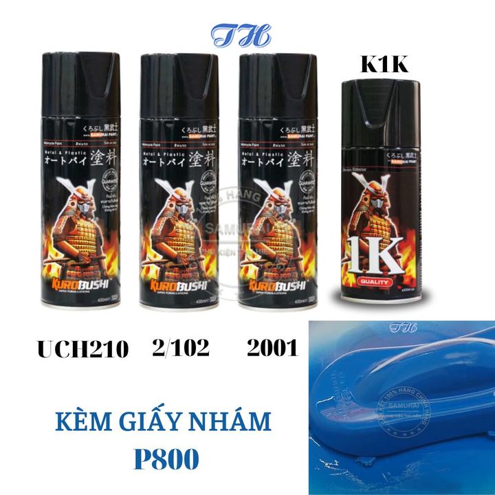Combo 4 chai sơn samurai 2001 màu chàm gồm: uch210 - 2/102 - 2001 - k1k - giấy nhám p800