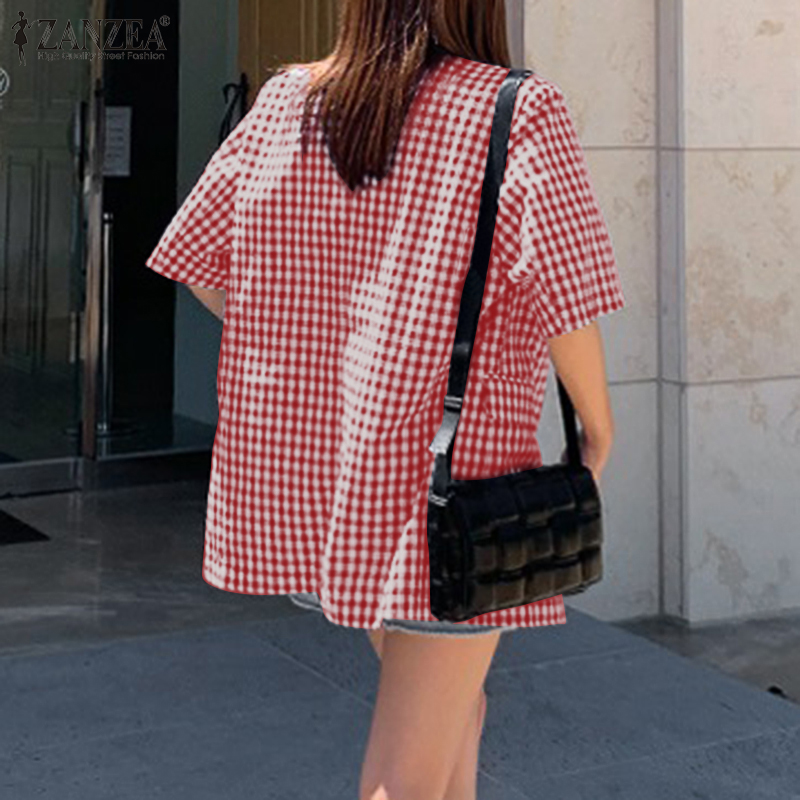 Áo Khoác Blazer ZANZEA Tay Ngắn Họa Tiết Ca Rô Thanh Lịch Dành Cho Nữ