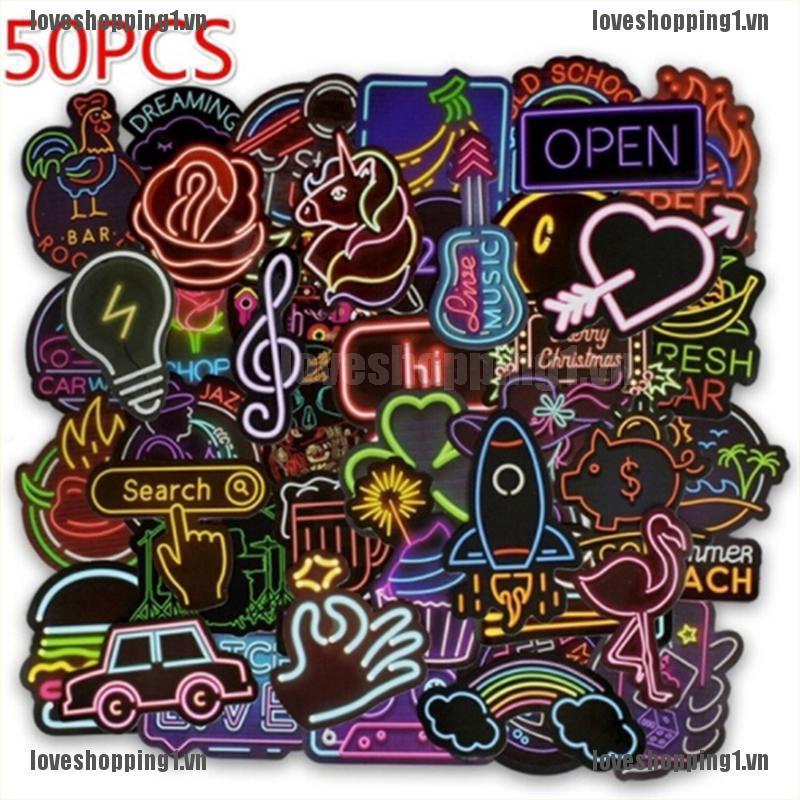 Lovon Bộ 50 Miếng Dán neon Trang Trí Va Li / laptop / guitar