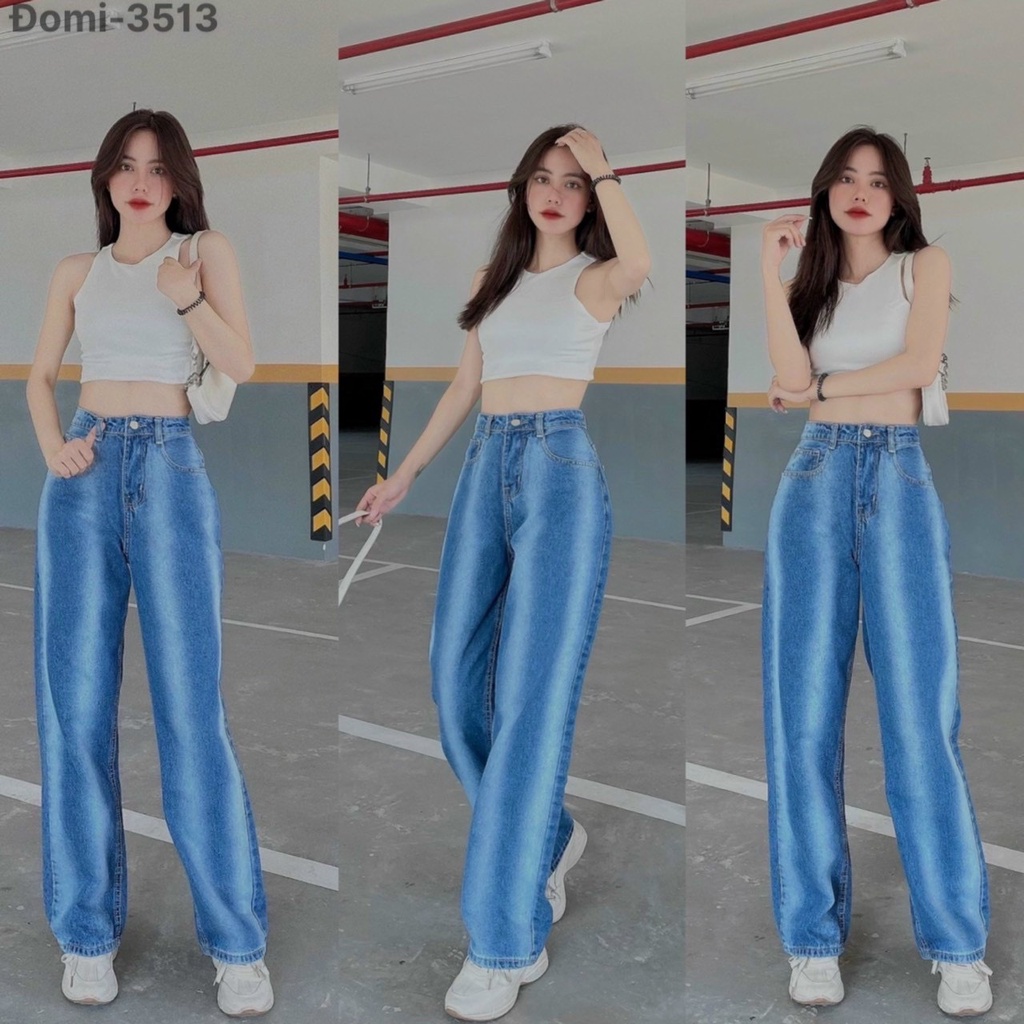 Quần Jean Suông Nữ MunMunStore Quần Jean Baggy Loang Sọc  2 Màu Lưng Cao Hack Dáng 131