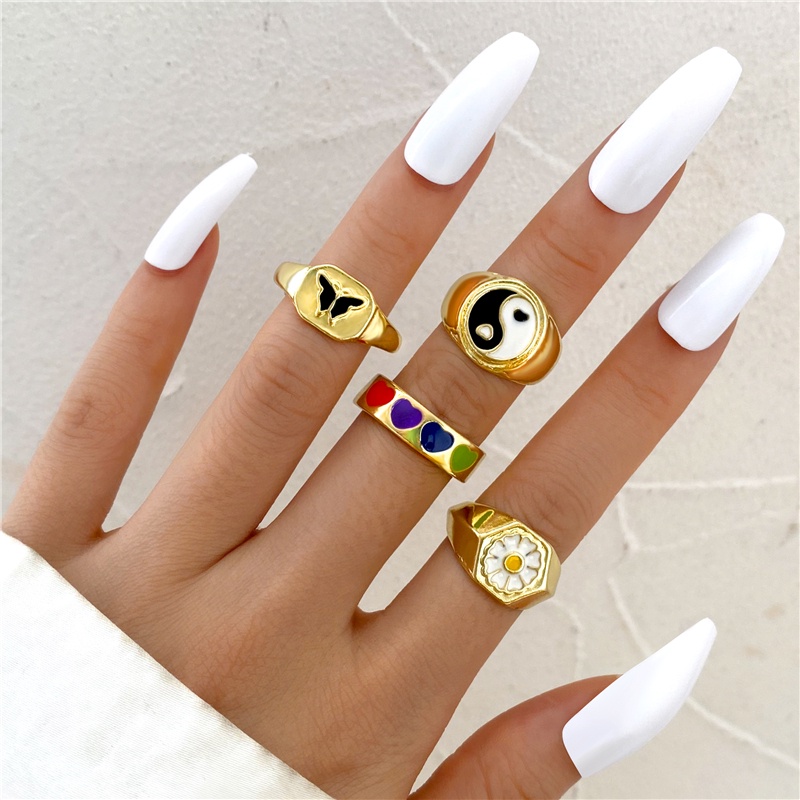 Bộ nhẫn nhúng dầu hình hoa Tai Chi nhiều màu sắc cho nữ