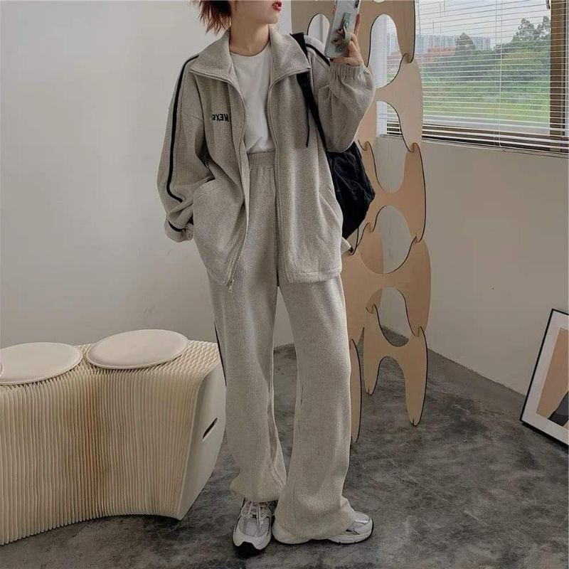 Set bộ thể thao nam nữ unisex chất gân tăm màu sữa dày mịn tay bo chun form thụng rộng Freesize dưới 70kg
