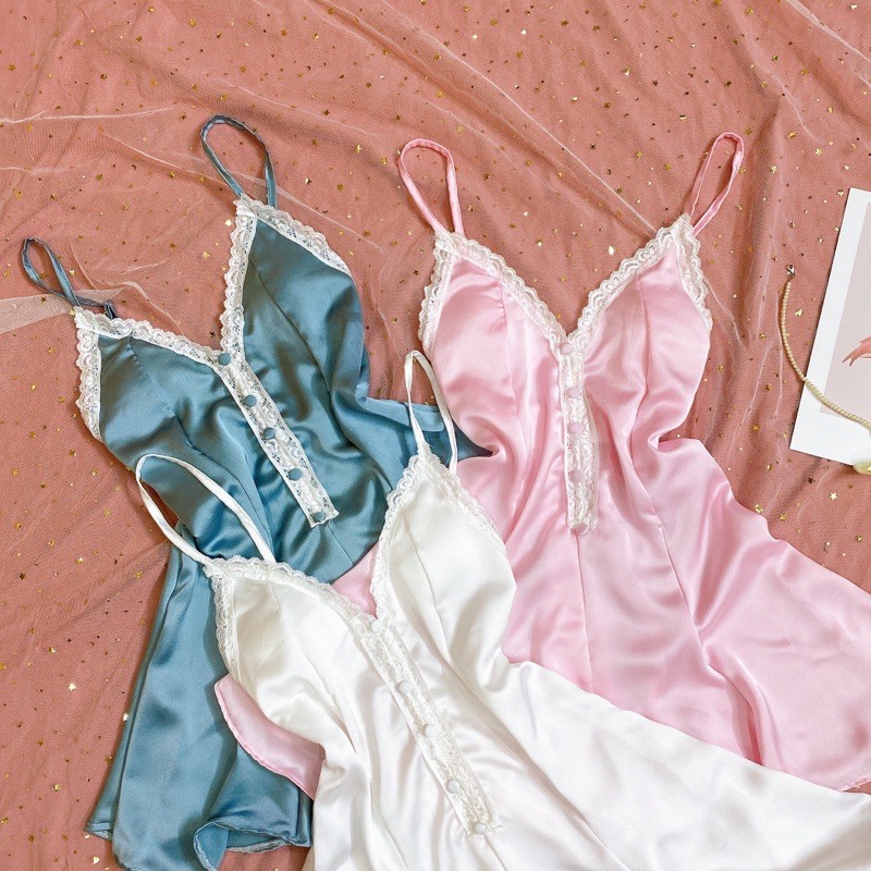 Váy ngủ sexy   FREESHIP Váy ngủ sexy hai dây lụa satin mềm mịn Freesize dưới 60kg - Linqu Sleepwear
