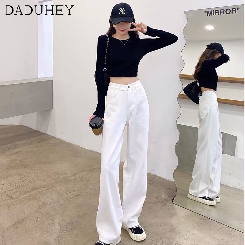 Daduhey Quần jean ống rộng lưng cao dễ phối đồ phong cách Hàn Quốc thời trang thường ngày cho nữ