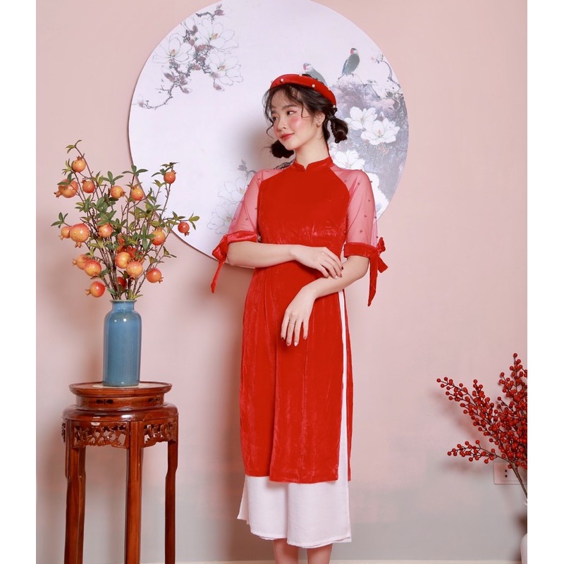 ÁO DÀI TẾT - LITTLE BOW AODAI - ÁO DÀI CÁCH TÂN TAY NƠ ĐÍNH CƯỜM
