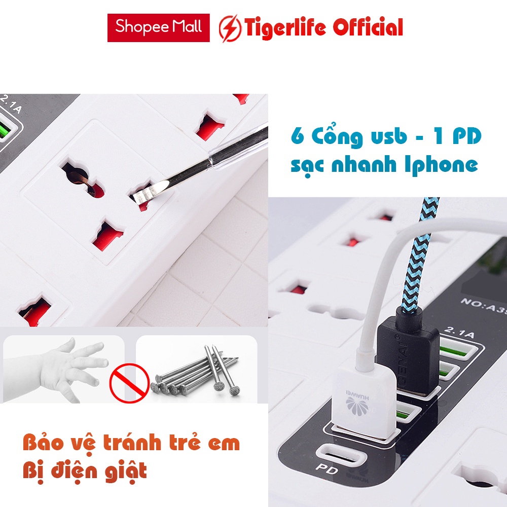 Ổ cắm điện đa năng Tigerlife GKKA39 Tích hợp 6 ổ cắm 6 cổng sạc 1 cổng sạc nhanh PD Chịu tải 2500w