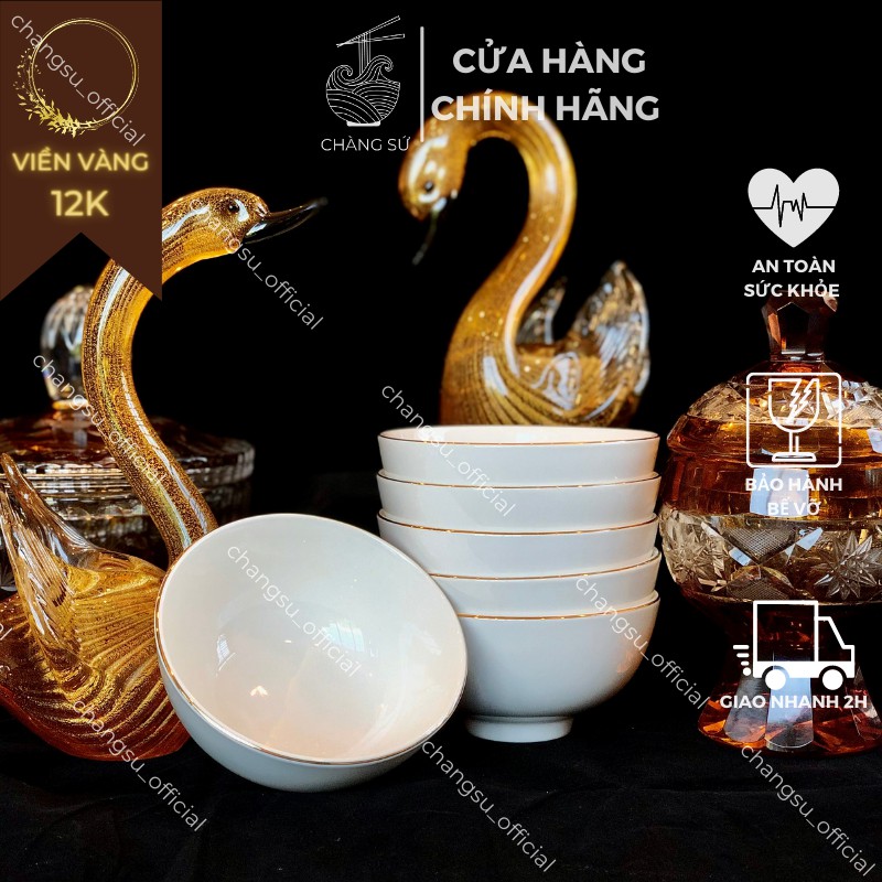 Bộ bát ăn cơm viền vàng 12k đẳng cấp - Chén cơm viền vàng sứ Minh Châu set 6 và set 10 bát ăn