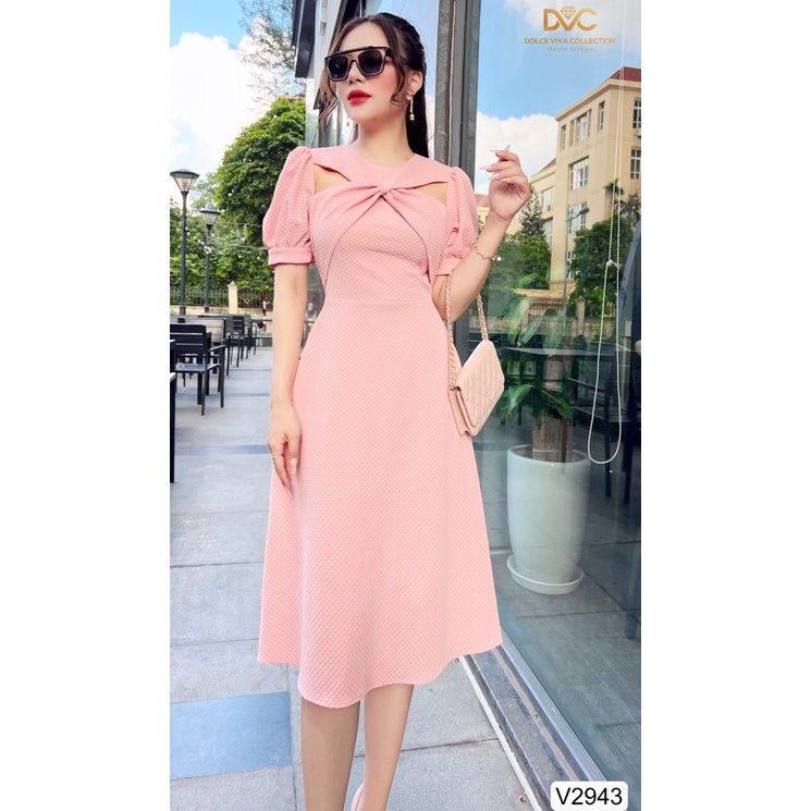 VÁY HỒNG XÒE CỔ CHÉO V2943-DOLCE VIVA COLLECTION