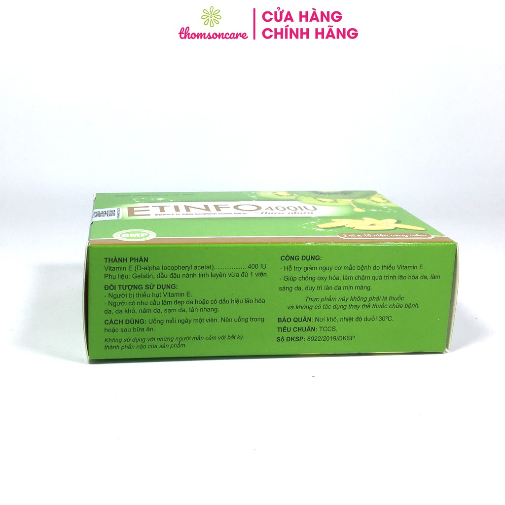 Bổ sung vitamin E 400IU - giúp làm đẹp da, ngăn ngừa lão hóa da - Etinfo - Hộp 30 viên