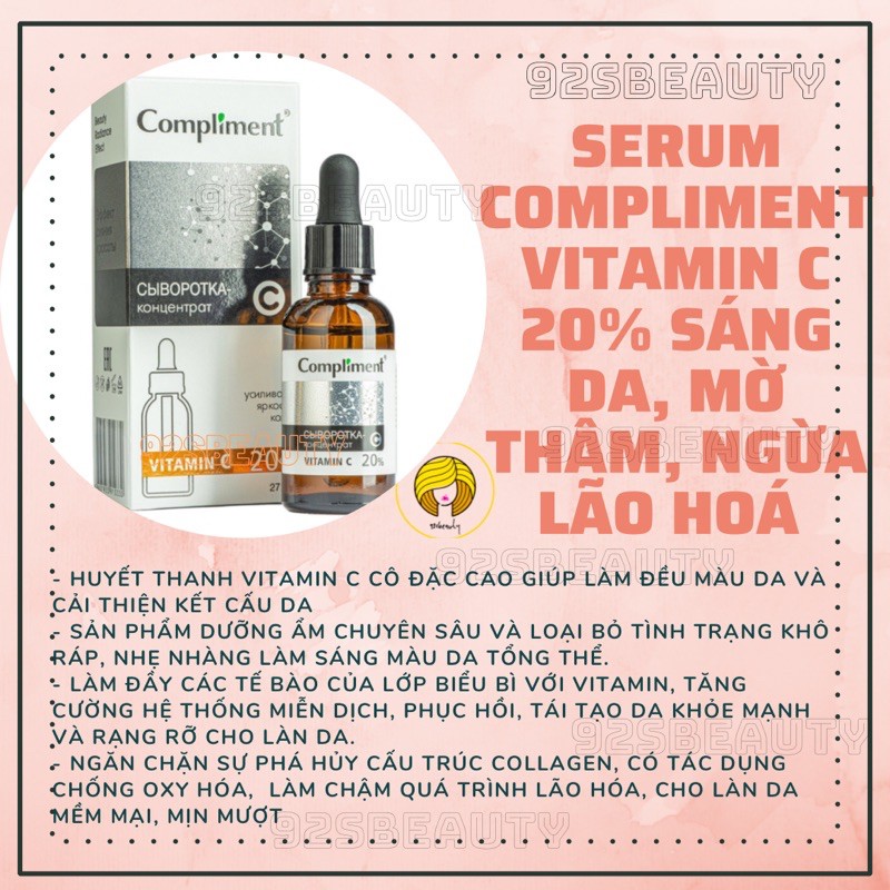 Serum Compliment Vitamin C 20% sáng da, mờ thâm, ngừa lão hoá