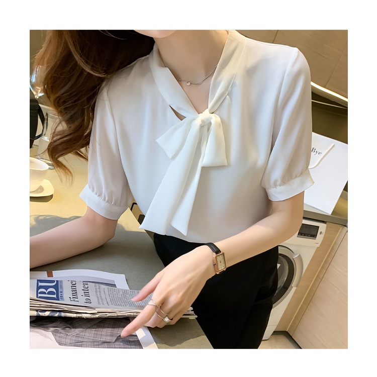 Áo sơ mi cổ thắt nơ màu trắng, hồng, tay phồng ngắn, thời trang công sở nữ Quyên fashion AA580