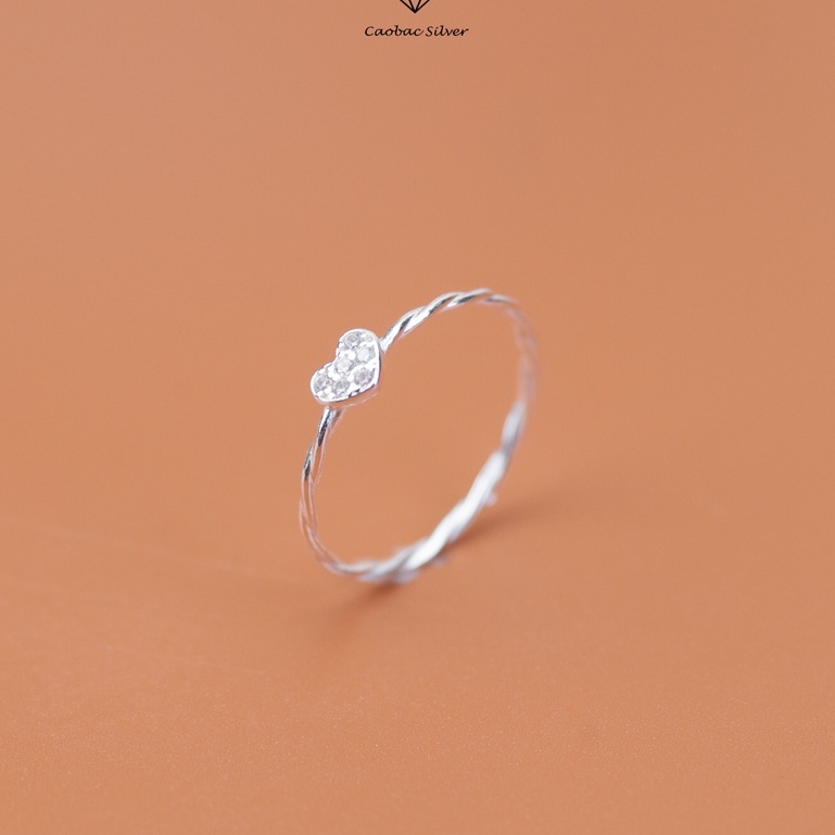 Nhẫn Nữ Bạc Ta Cao Cấp CaoBac Silver Mảnh Đơn Giản Hình Trái Tim Nhỏ Mini Heart Cạnh Xoắn Đính Đá Lấp Lánh Dịu Dàng