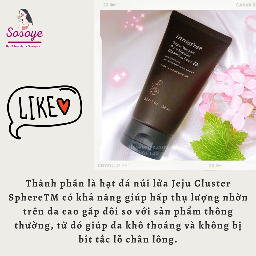 [Date 2023] Sữa Rửa Mặt Tro Núi Lửa Se Khít Lỗ Chân Lông Kiềm Dầu Innisfree Jeju Volcanic Pore Micellar Foam 2X 150ml