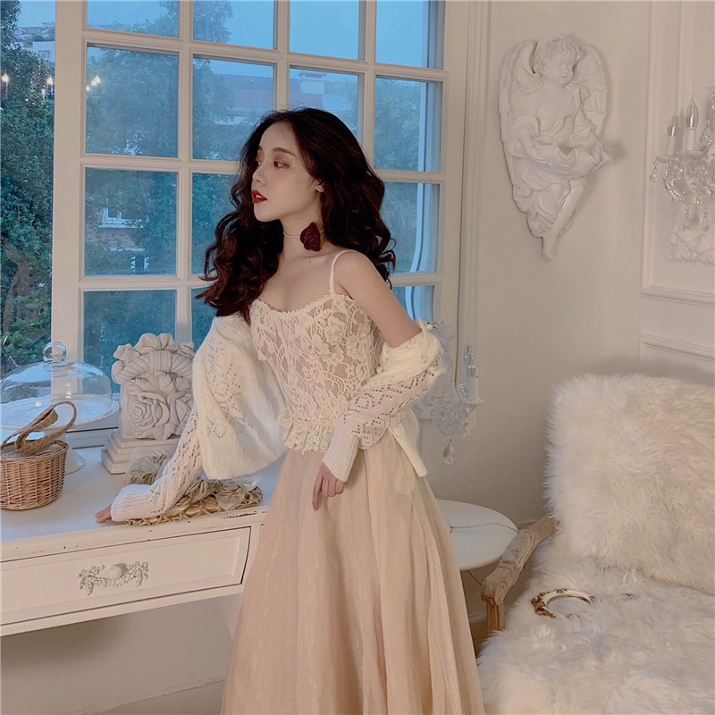 (s100) set váy ulzzang áo hai dây váy công chúa áo khoác len | BigBuy360 - bigbuy360.vn