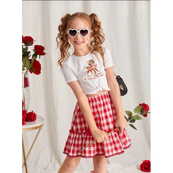 Sét chân váy áo thun len tăm hoạ tiết nai cho bé gái