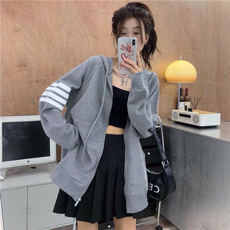 Áo Khoác Nỉ Nữ Sọc Cánh Tay Meestore Áo Hoodie Dáng Rộng Unisex In Vạch Thom Brown Siêu Hot | BigBuy360 - bigbuy360.vn