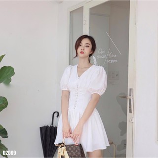 Váy tay bồng cổ V đan bụng 2 màu