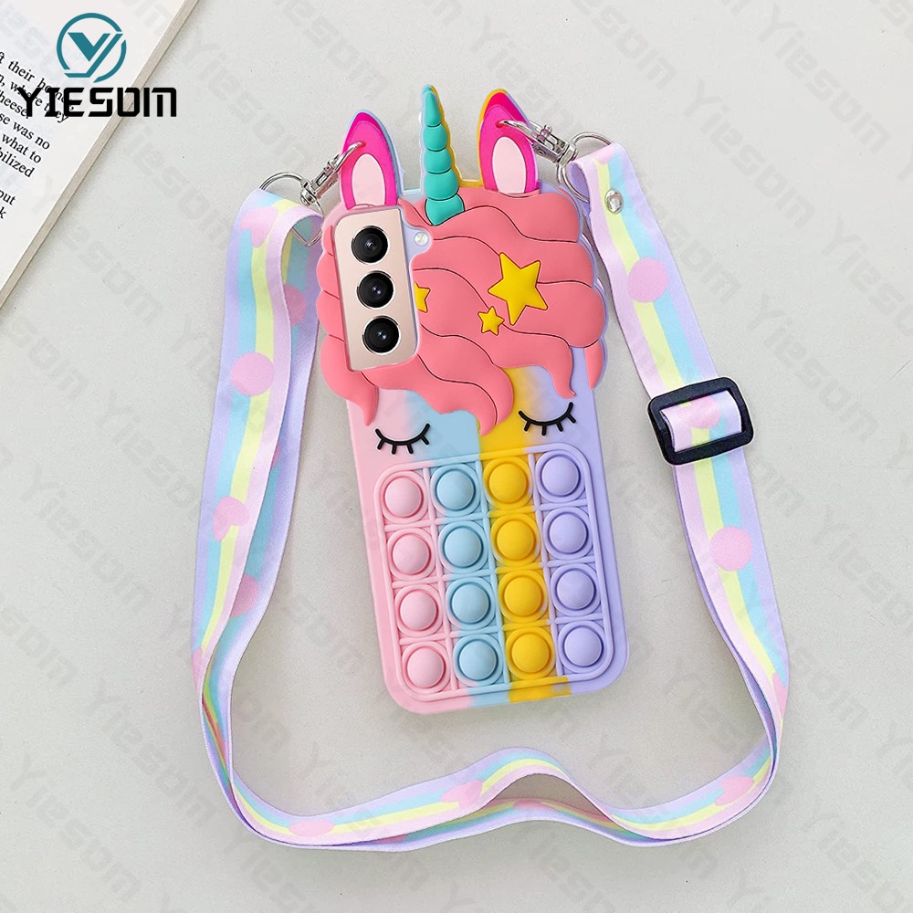Ốp Điện Thoại Hình Kỳ Lân Cầu Vồng Kèm Dây Đeo Cho Samsung Galaxy S21 Ultra S21FE S20 S10 S9 Plus Note 20 10 Plus