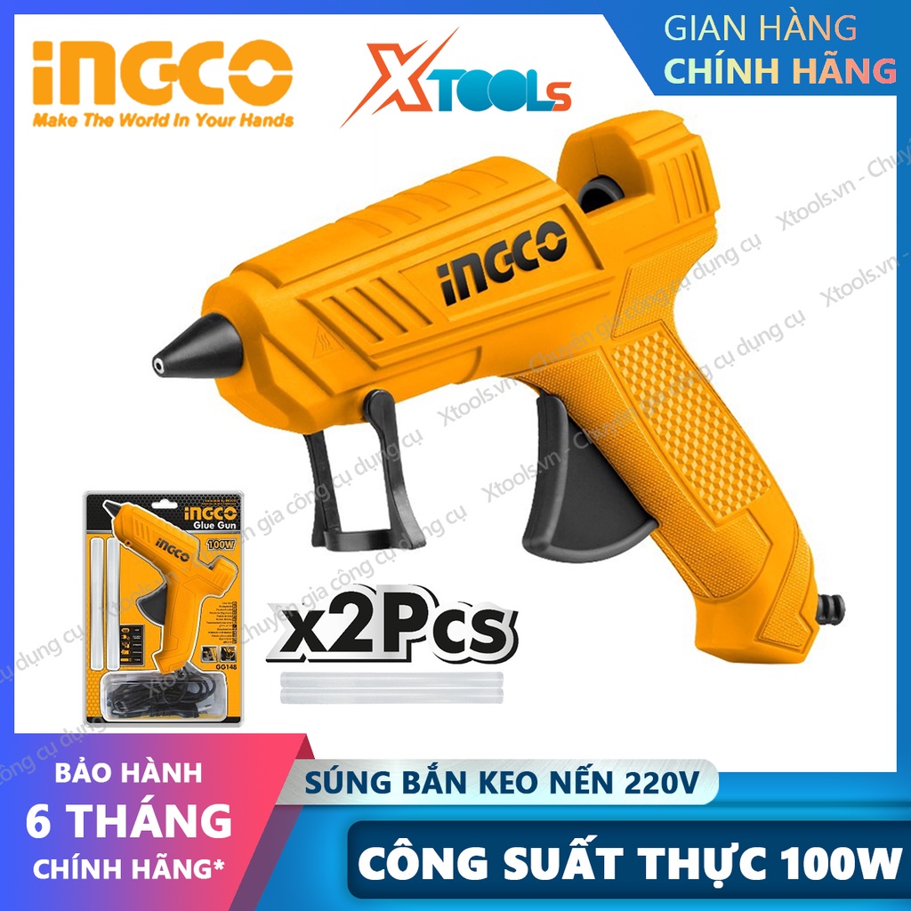 Súng bắn keo nến INGCO GG148 100W 220V. Máy bắn keo cầm tay mini tặng kèm theo 2 cây keo 11.2mm tạo keo 13-18g/p