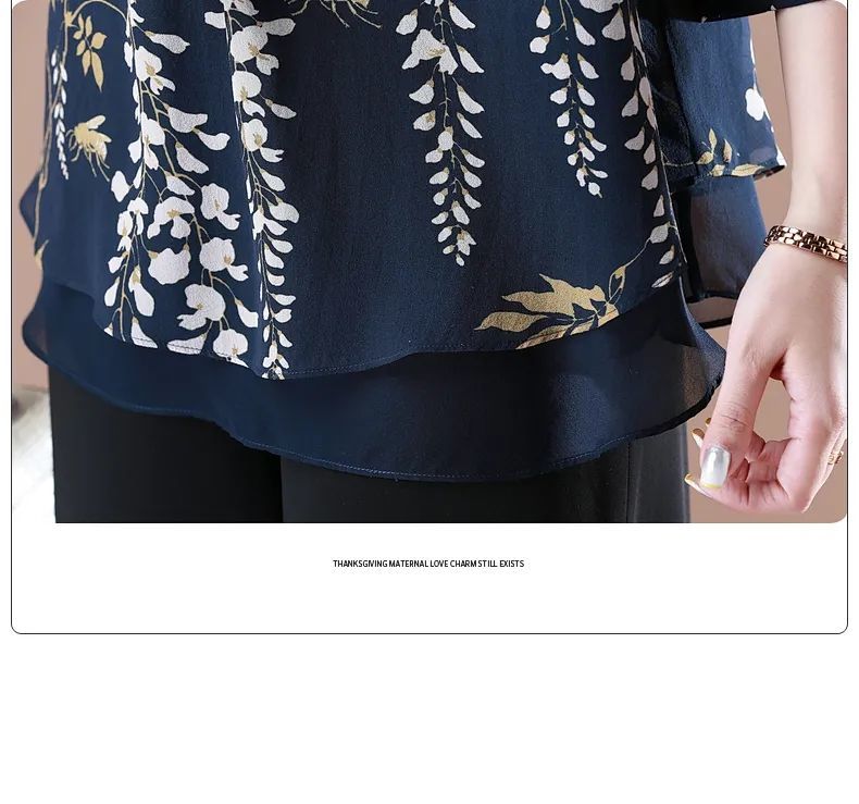 Set áo tay lửng in lá cây kèm quần đen suông cho phụ nữ trung niên | BigBuy360 - bigbuy360.vn