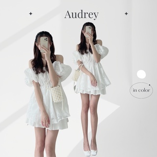 A6184 Áo trễ vai AUDREY voan dập hoa hai lớp chiết eo tay bồng dáng xòe công chúa