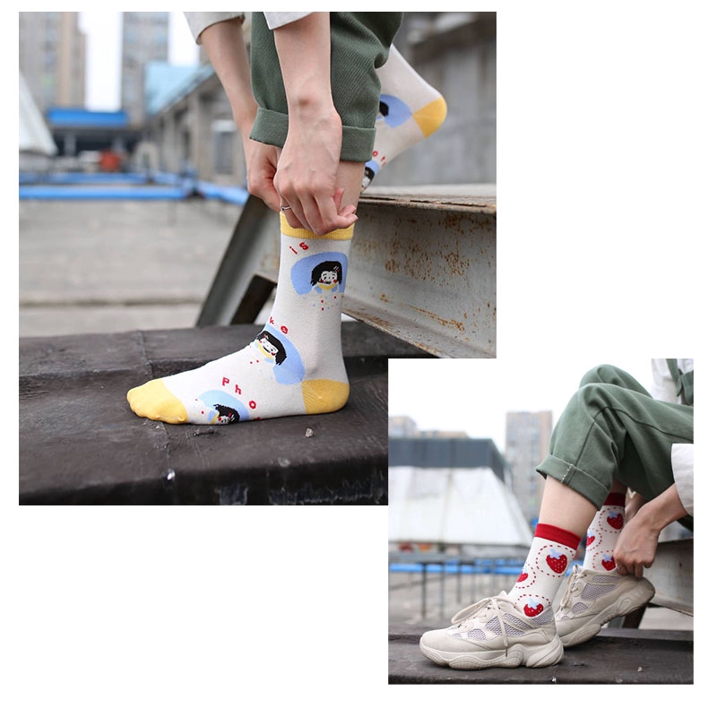Strawberry Couple Socks New Street Trend Cotton Breathable Angel Cow Print Men Women Casual Crew Socks Stretch Kawaii Socks