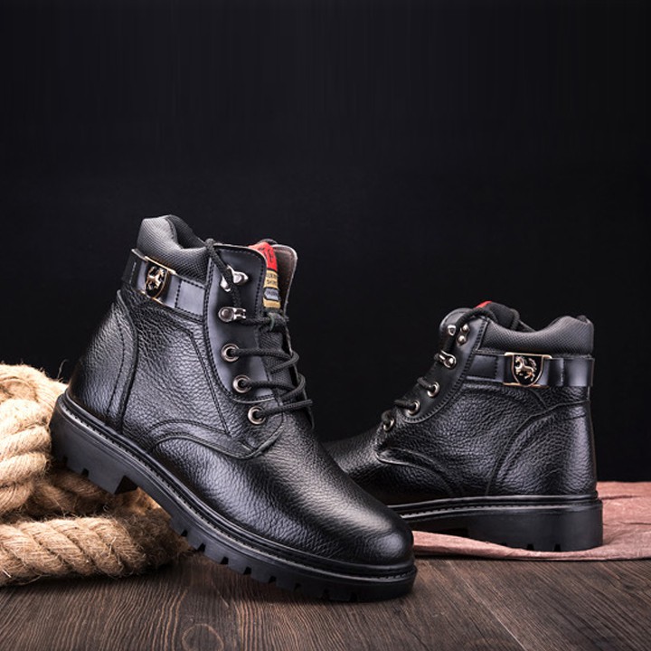 Giày Boot Nam Cao Cổ Da Bò Thật Dây Buộc Đế Cao Su Đúc