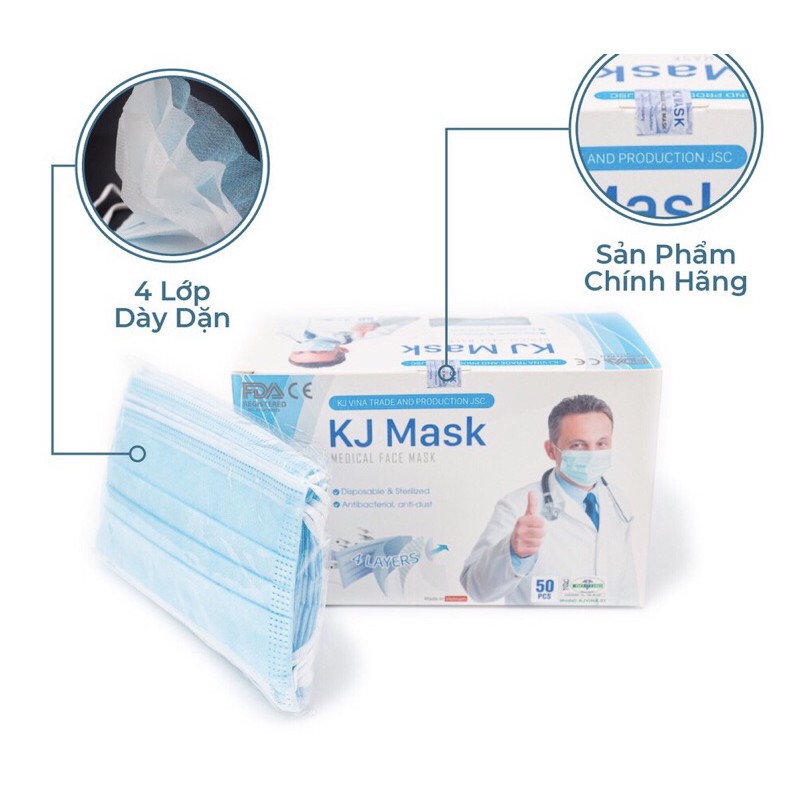 Khẩu trang y tế 4 lớp kháng khuẩn - KJ Mask 50 chiếc/hộp
