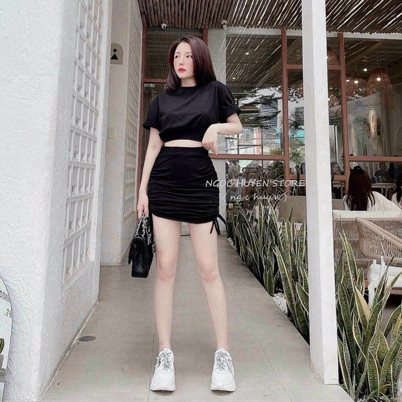sét bộ váy borip rút dây phối áo croptop cổ tròn ngắn tay