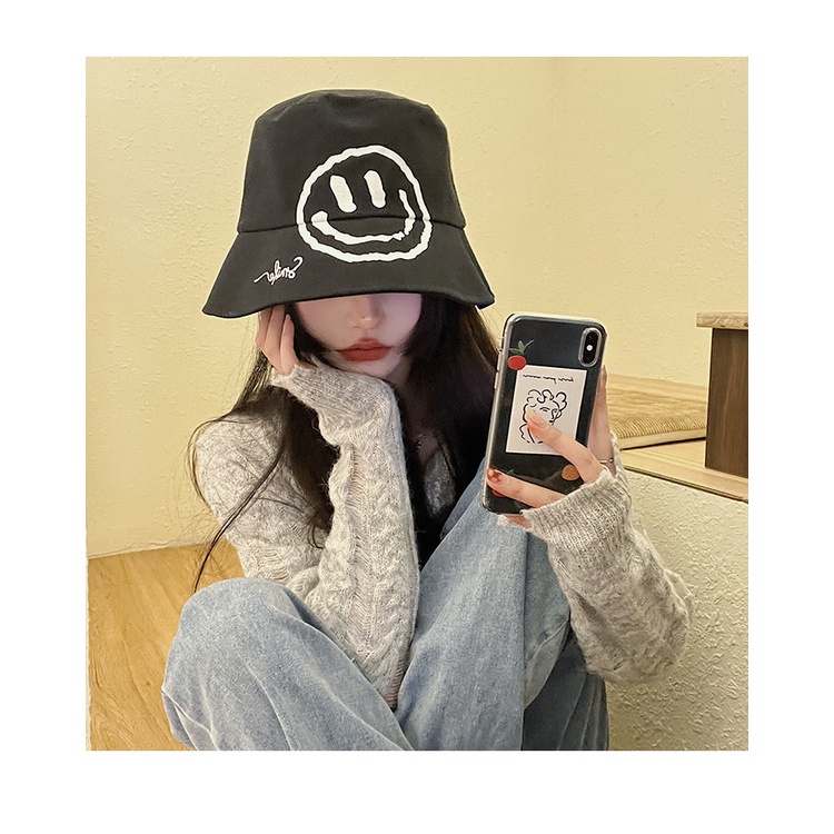 Nón Bucket Màu Đen In Họa Tiết Mặt Cười Phong Cách Nhật Bản Thời Trang Xuân Hè Độc Đáo Cho Nữ