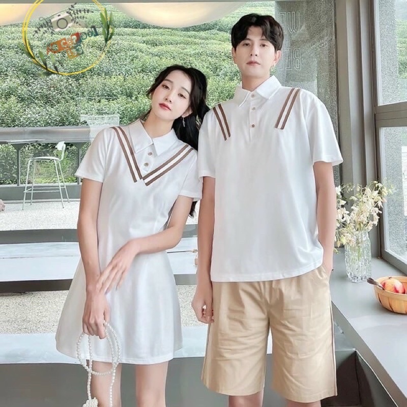 Đầm thun đôi trắng chít eo viền trang trí chữ V thời trang mùa hè