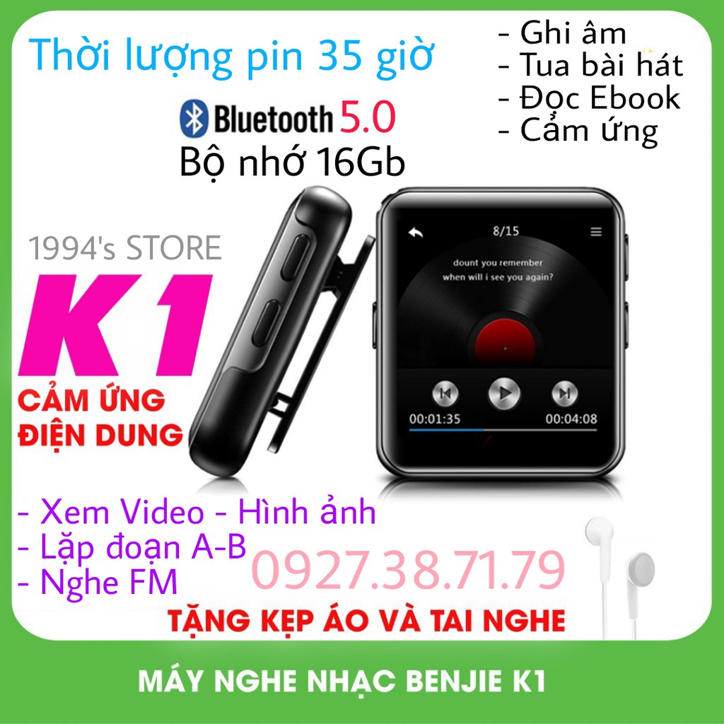 Máy nghe nhạc Benjie K1 - Bộ nhớ 16Gb - Bluetooth 5.0 - Bản 2021 - Màn hình cảm ứng IPS HD - Tặng kèm kẹp áo + tai nghe