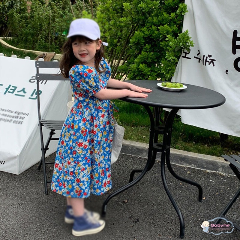 Đầm Công Chúa Tay Ngắn Phồng Cổ Chữ V In Họa Tiết Hoa Phong Cách Hàn Quốc Dành Cho Bé Gái