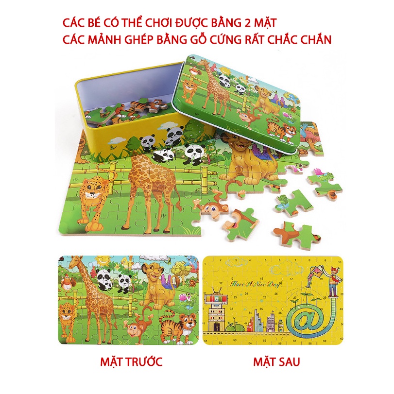 Đồ chơi ghép hình 60 mảnh hộp sắt. Tranh kích thước 14 x 22.5 cm, Đồ chơi trẻ em lắp ráp tranh ghép gỗ BAPKIDS