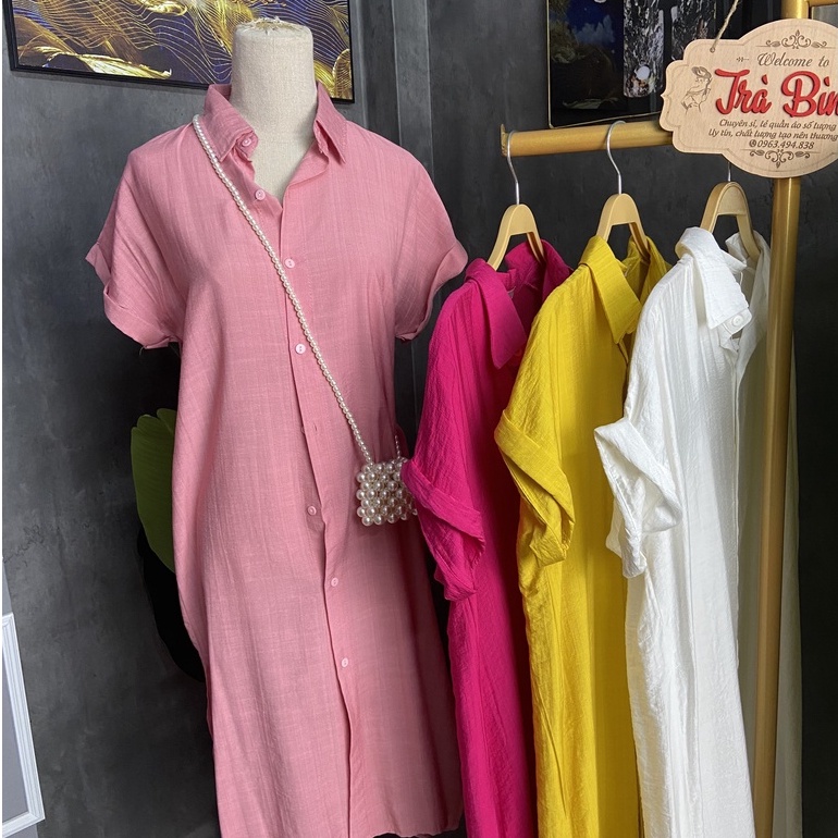 Váy sơ mi đũi suông dáng dài, đầm bầu công sở suông nữ form rộng tay hến gập nhiều màu - Tirahouse