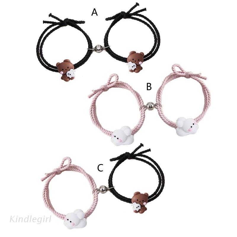 Set 2 vòng tay dây co giãn màu hồng/đen hình gấu/thỏ dễ thương cho cặp đôi