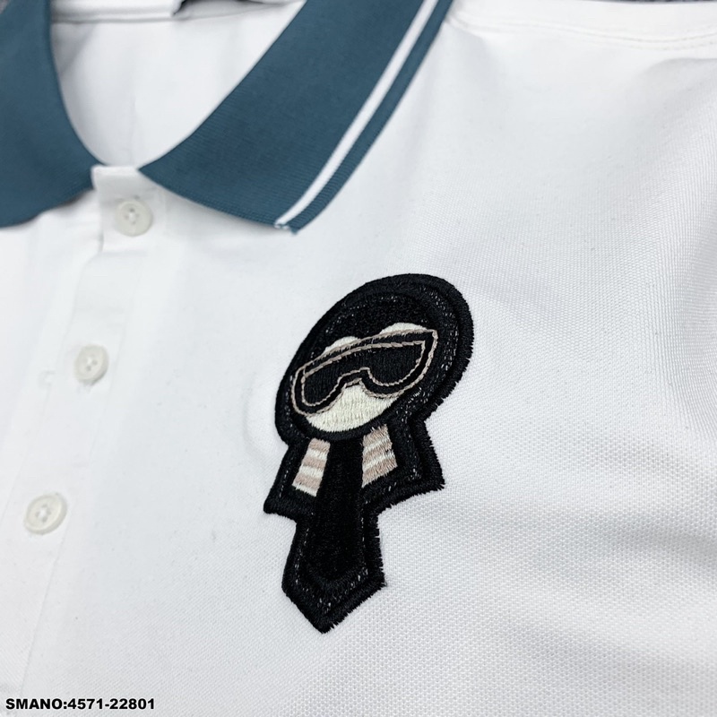 Áo polo nam nữ FD chất cotton 100% thêu logo búp bê mặt nạ karl ngực phối bo tay cổ xanh kẻ trắng cao cấp PL05P