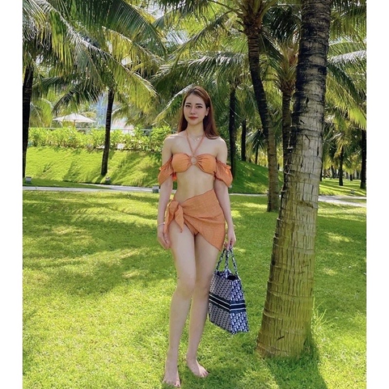 Set bikini 3 món đi biển trễ vai bèo màu pastel xịn xò